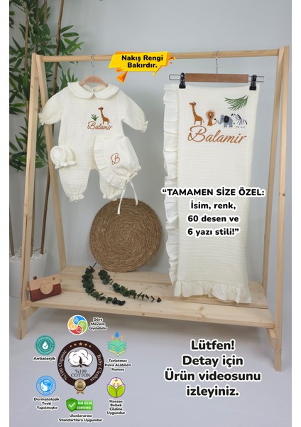 Müslin Yeni Doğan 4katlı Organik %100PAMUK Kişiye Özgü Nakışlı Hastane Çıkış Seti-Safari Model