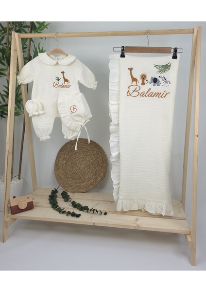 Müslin Yeni Doğan 4katlı Organik %100PAMUK Kişiye Özgü Nakışlı Hastane Çıkış Seti-Safari Model fiyatları