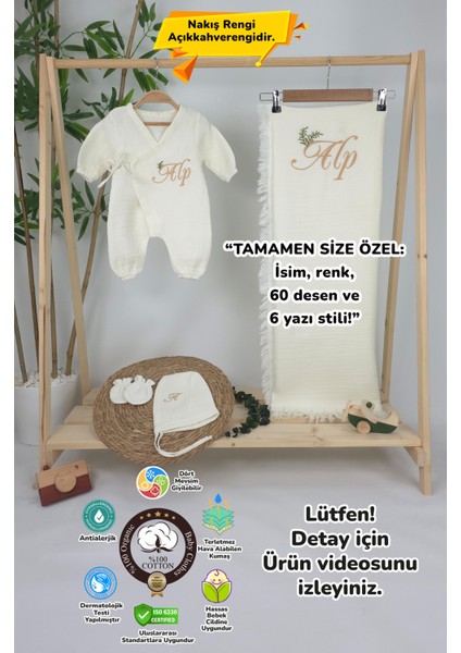 Müslin Yeni Doğan 4katlı Organik %100PAMUK Kişiye Özgü Nakışlı Hastane Çıkış Seti-Dal Model