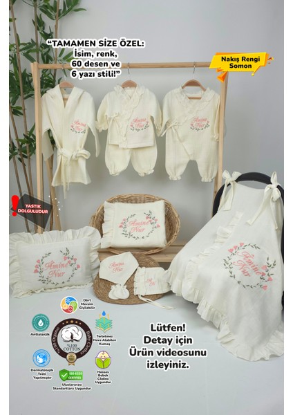 Müslin Yeni Doğan 4katlı Organik %100PAMUK Kişiye Özgü Nakışlı Hastane Çıkış Seti (Çiçek Model-2)