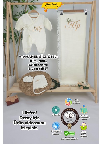 Müslin Yeni Doğan 4katlı Organik %100PAMUK Kişiye Özgü Nakışlı Hastane Çıkış Seti(Iki Dallı Model-4)