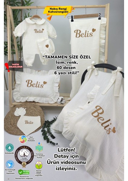 Müslin Yeni Doğan 4katlı Organik %100PAMUK Kişiye Özgü Nakışlı Hastane Çıkış Seti-Kahverengi Kalpli