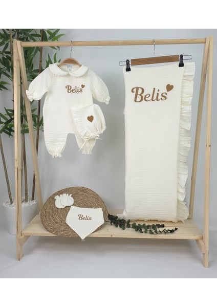 Müslin Yeni Doğan 4katlı Organik %100PAMUK Kişiye Özgü Nakışlı Hastane Çıkış Seti-Kahverengi Kalpli modelleri