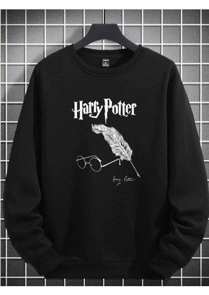 Unisex Oversize Rahat Kalıp Harry Potter Baskılı Sıfır Yaka Siyah Polar Sweatshirt