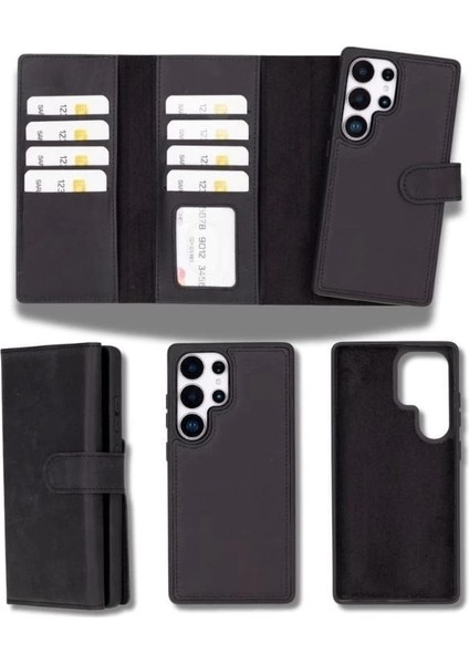 Samsung Galaxy S25 Ultra Uyumlu, Hakiki Deri, El Yapımı, Cüzdanlı Kılıf, Mat Siyah