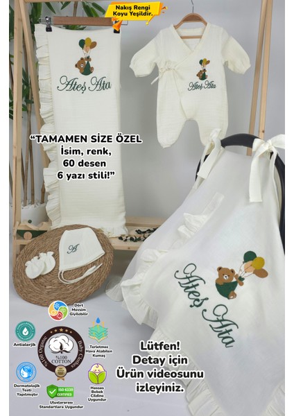 Müslin Yeni Doğan 4katlı Organik %100PAMUK Kişiye Özgü Nakışlı Hastane Çıkış Seti-Yeşil Ayıcık Balon