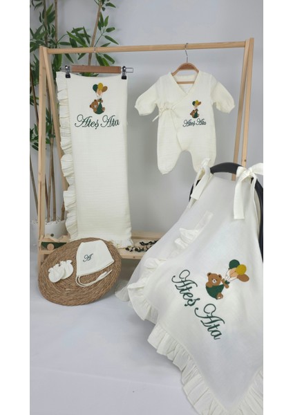 Müslin Yeni Doğan 4katlı Organik %100PAMUK Kişiye Özgü Nakışlı Hastane Çıkış Seti-Yeşil Ayıcık Balon fiyatları