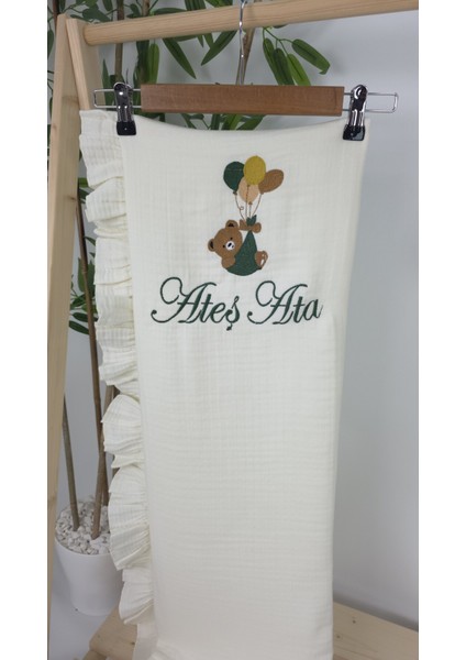 Müslin Yeni Doğan 4katlı Organik %100PAMUK Kişiye Özgü Nakışlı Hastane Çıkış Seti-Yeşil Ayıcık Balon modelleri