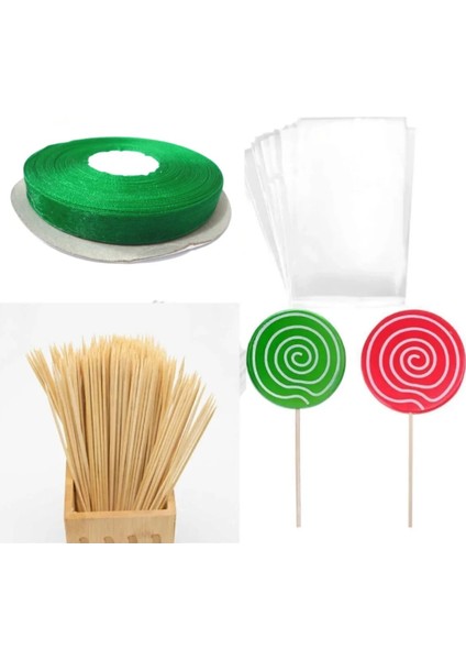 Yılbaşı Kurabiye Lolipop Kek Yapım Seti 201 Parça Kurabiye Poşeti Ahşap Lolipop Çubuğu Yeşil Kurdele