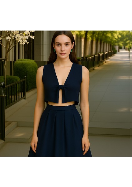 Kadın Saten Önden Bağlamalı Lacivert Bustiyer