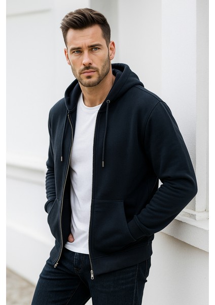 Erkek Lacivert Kapüşonlu Kanguru Cepli Fermuarlı Sweatshirt