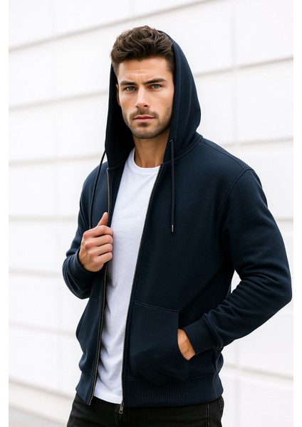 Erkek Lacivert Kapüşonlu Kanguru Cepli Fermuarlı Sweatshirt modelleri