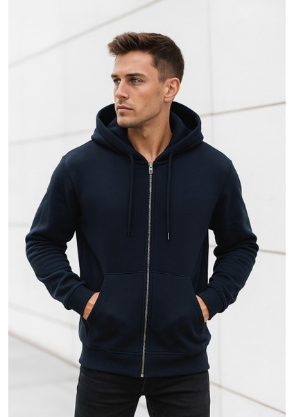 Erkek Lacivert Kapüşonlu Kanguru Cepli Fermuarlı Sweatshirt fırsatları