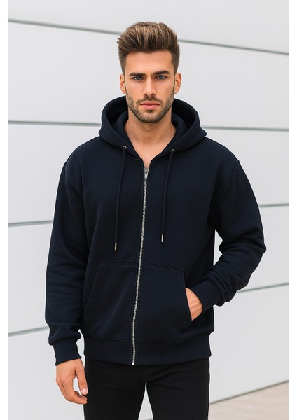 Erkek Lacivert Kapüşonlu Kanguru Cepli Fermuarlı Sweatshirt indirimleri