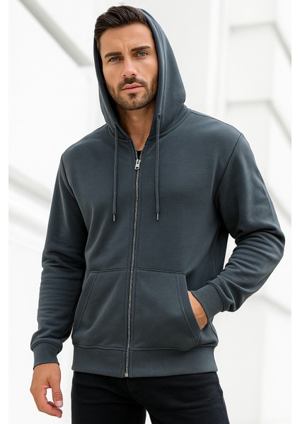 Erkek Füme Kapüşonlu Kanguru Cepli Fermuarlı Sweatshirt fiyatları