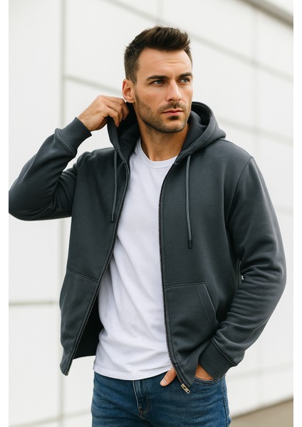 Erkek Füme Kapüşonlu Kanguru Cepli Fermuarlı Sweatshirt modelleri
