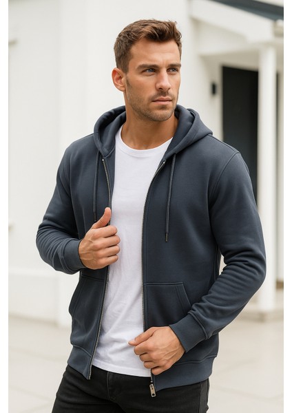 Erkek Füme Kapüşonlu Kanguru Cepli Fermuarlı Sweatshirt fırsatları