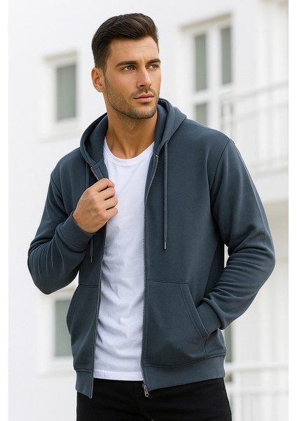 Erkek Füme Kapüşonlu Kanguru Cepli Fermuarlı Sweatshirt indirimleri