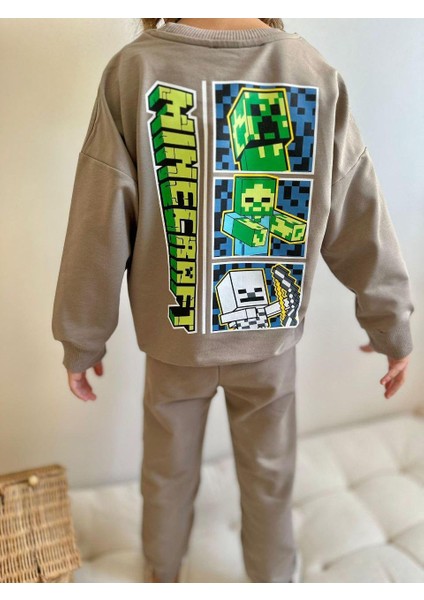 Minecraft Açık Kahve Erkek Çocuk 2 Iplik Alt Üst Takım Süper Kalite Kumaş indirimleri