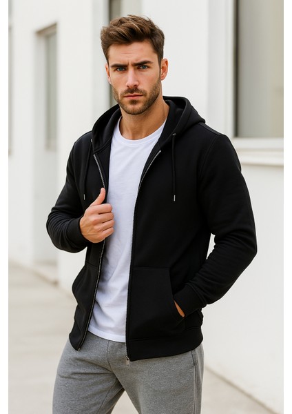 Erkek Siyah Kapüşonlu Kanguru Cepli Fermuarlı Sweatshirt