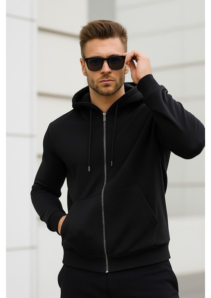 Erkek Siyah Kapüşonlu Kanguru Cepli Fermuarlı Sweatshirt fiyatları
