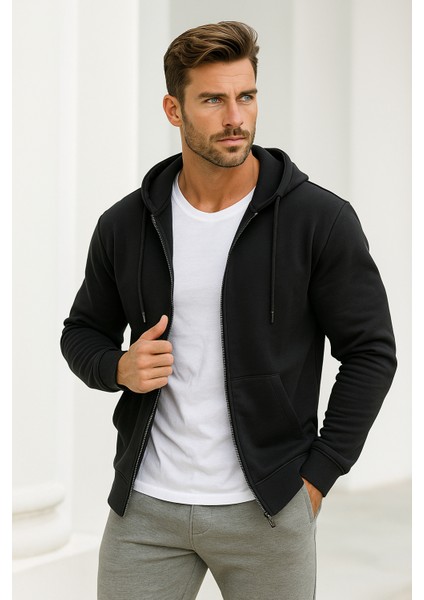 Erkek Siyah Kapüşonlu Kanguru Cepli Fermuarlı Sweatshirt modelleri