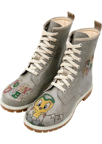 Kadın Vegan Deri Gri Uzun Bot - Warner Bros Tweety Looney Tunes Ski Club Tasarım