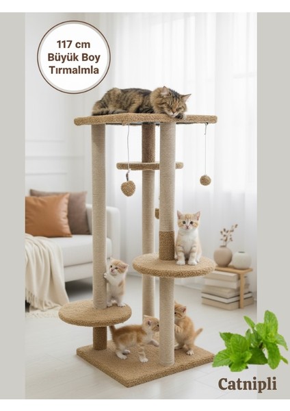 Büyük Boy | 117 cm Çok Katlı Kedi Tırmalama Tahtası | Beyaz Renk | Peluş Kaplama | Modern Tasarım | Kediler Için Oyun, Tırmalama, Dinlenme ve Yatak Alanı Sunan Dayanıklı ve Şık Kedi Mobilyası