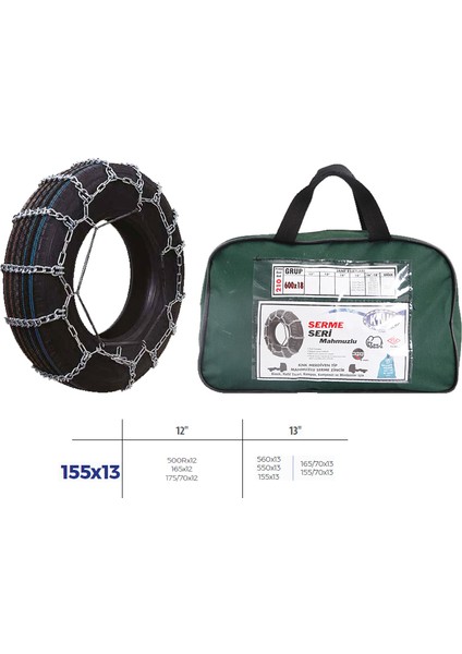 Patinaj Zinciri Binek ve Hafif Tic.araç Serme 12-13 Jant 560X13 Zincir Ebatları Için Resime Bakınız