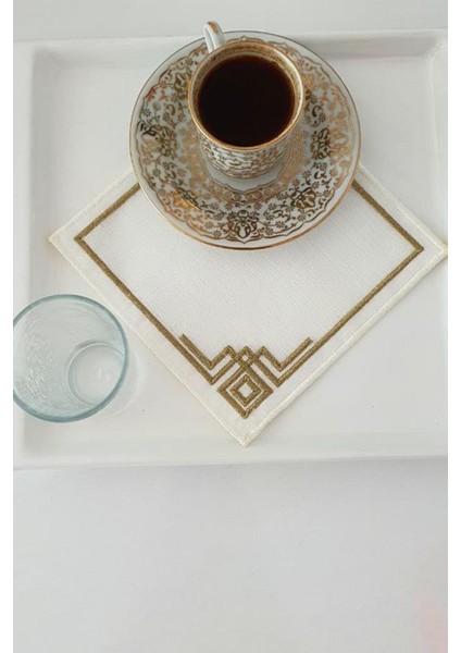 Köşe Nakışlı Keten Kare Bardak Altlığı Seti 6 Lı Kahve