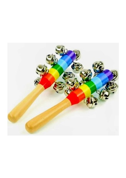 2'li Ahşap Saplı Ritim El Zili Metal Boncuklu Çocuk Müzik Aleti Çıngırak Tef