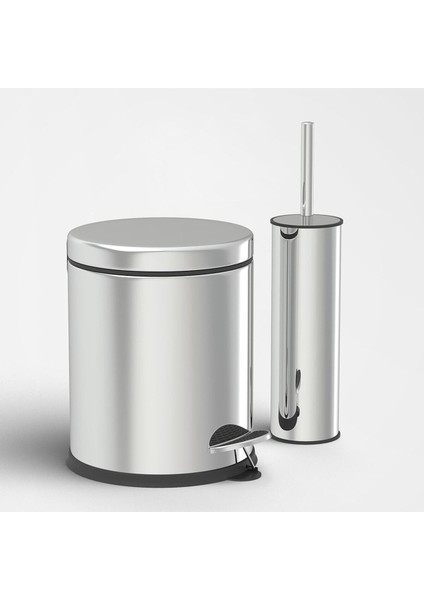 2'li Banyo Seti, 3 Litre Çöp Kovası ve Wc Fırçası, Paslanmaz Metal