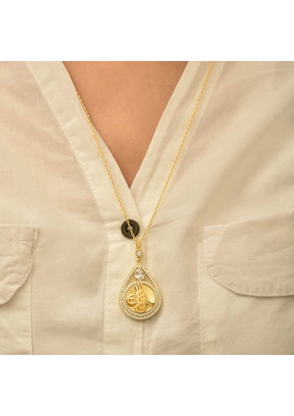 925 Ayar Gümüş Gold Kaplama Damla Tuğralı Kadın Kolye fırsatları