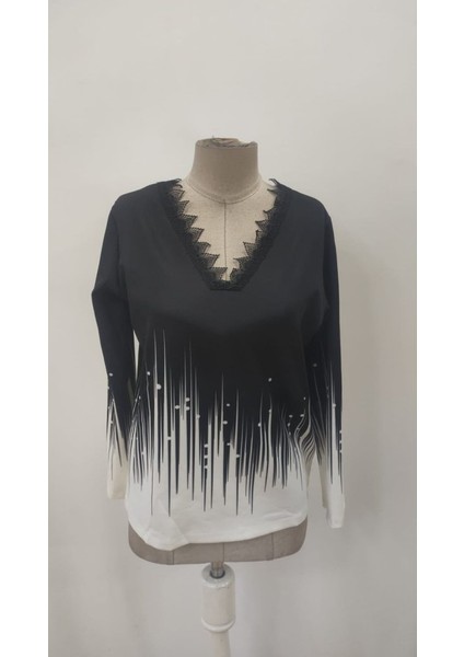 Kadın V Yaka Dantel Desen Modal Kumaş Bluz modelleri