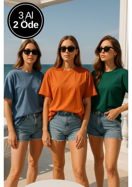 Kadın 3'lü Paket Mavi-Yeşil-Turuncu %100 Pamuk Oversize Basic Tişört Bisiklet Yaka Relaxed T-Shirt