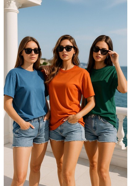 Kadın 3'lü Paket Mavi-Yeşil-Turuncu %100 Pamuk Oversize Basic Tişört Bisiklet Yaka Relaxed T-Shirt fiyatları