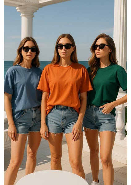 Kadın 3'lü Paket Mavi-Yeşil-Turuncu %100 Pamuk Oversize Basic Tişört Bisiklet Yaka Relaxed T-Shirt modelleri