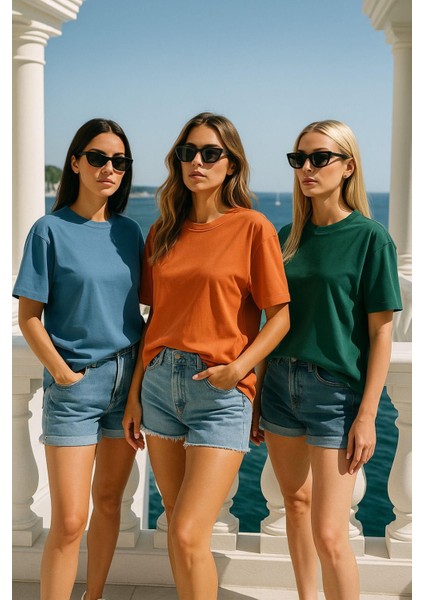 Kadın 3'lü Paket Mavi-Yeşil-Turuncu %100 Pamuk Oversize Basic Tişört Bisiklet Yaka Relaxed T-Shirt fırsatları
