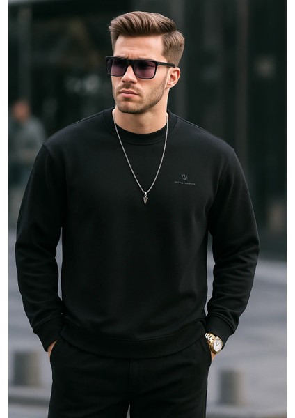 Erkek Bisiklet Yaka Nakışlı Bol Siyah Sweatshirt