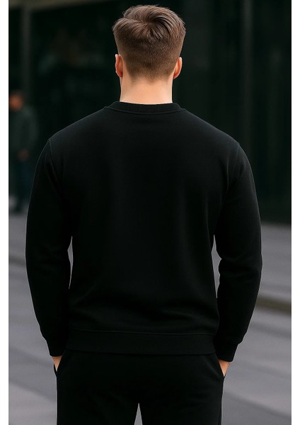 Erkek Bisiklet Yaka Nakışlı Bol Siyah Sweatshirt fiyatları