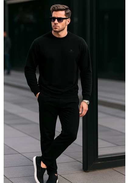 Erkek Bisiklet Yaka Nakışlı Bol Siyah Sweatshirt modelleri