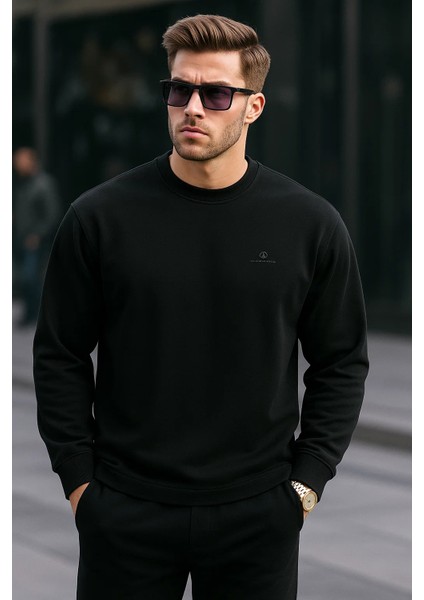 Erkek Bisiklet Yaka Nakışlı Bol Siyah Sweatshirt fırsatları