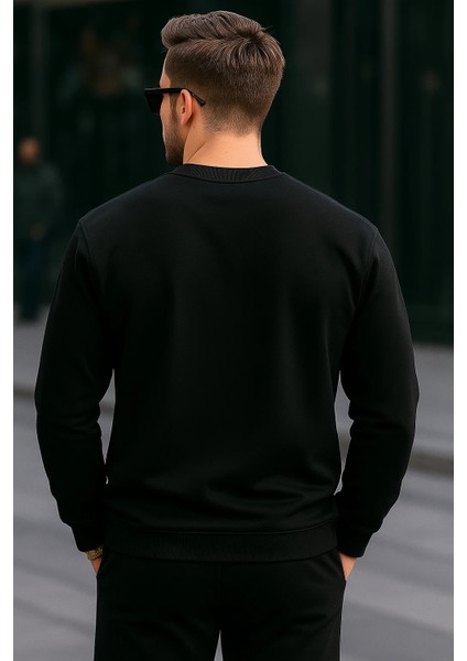 Erkek Bisiklet Yaka Nakışlı Bol Siyah Sweatshirt indirimleri