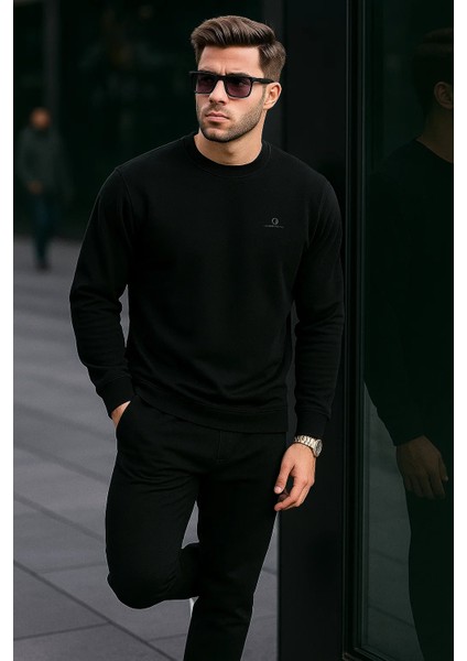 Erkek Bisiklet Yaka Nakışlı Bol Siyah Sweatshirt