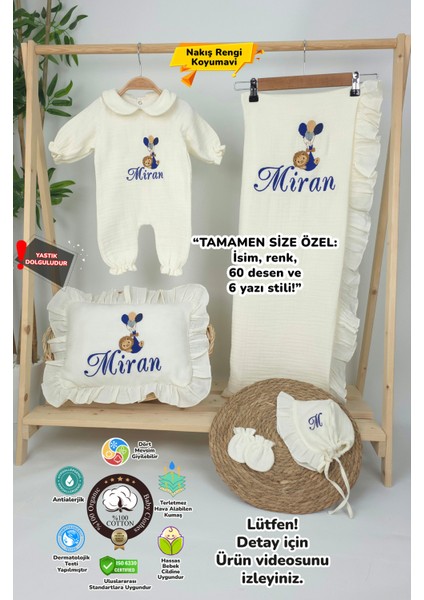Müslin Yeni Doğan 4katlı Organik %100PAMUK Kişiye Özgü Nakışlı Hastane Çıkış Seti (Balonlu Aslan-4)