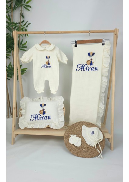 Müslin Yeni Doğan 4katlı Organik %100PAMUK Kişiye Özgü Nakışlı Hastane Çıkış Seti (Balonlu Aslan-4) fiyatları