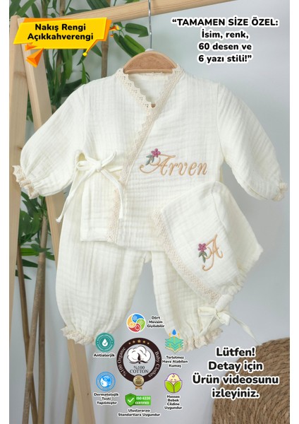 Müslin Yeni Doğan 4katlı Organik %100PAMUK Kişiye Özgü Nakışlı Hastane Çıkış Seti-Papatya