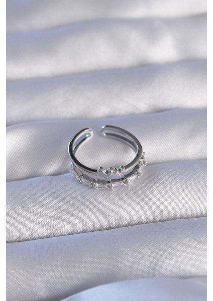 Pirinç Gümüş Renk Zirkon Taşlı Kalpli 2li Görünüm Ayarlanabilir Yüzük modelleri