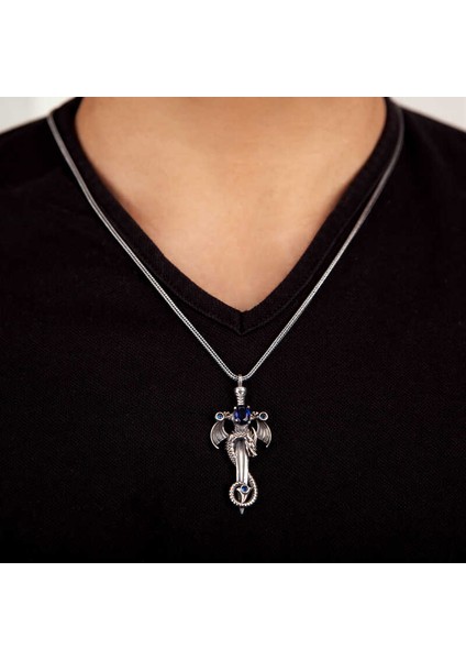 925 Ayar Gümüş Safir Taşlı Ejderha Erkek Kılıç Kolye fiyatları