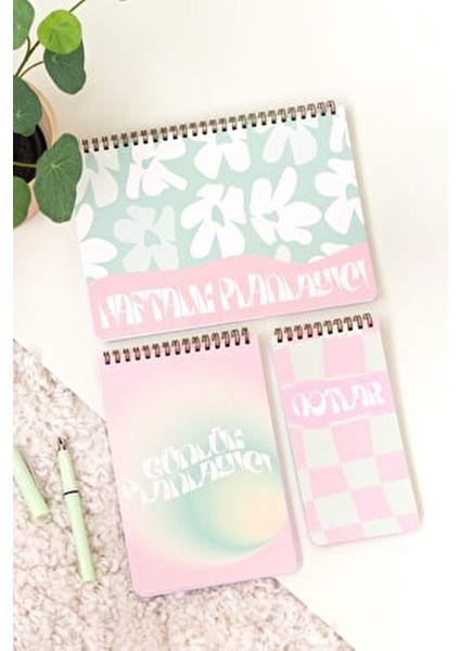 Matt Not Tutacağı 3'lü Spiralli Masaüstü Planlayıcı Set Pembe Renk 24x17 cm ve 14x20 cm Ölçüler indirimleri